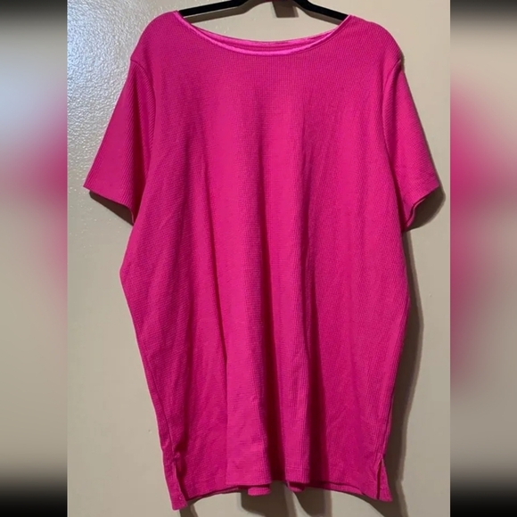 #034 Woman Within- Hot Pink Waffle Knit Top with Satin Neckline Pullover - Picture 1 of 2